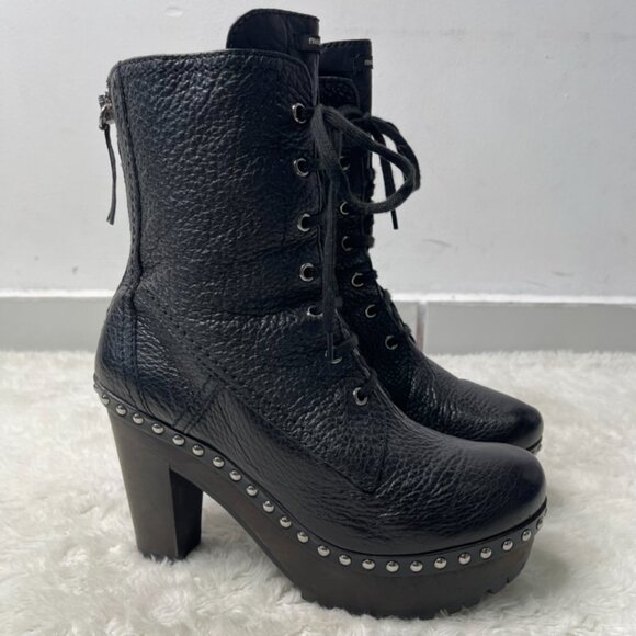 Miu Miu Women's Black Leather Heeled Lace Up Wooden Boots Size 40 - Picture 2 of 16
